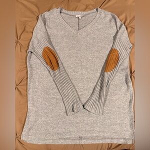 White Birch Gray V-Neck Sweater with Tan Elbow Patches